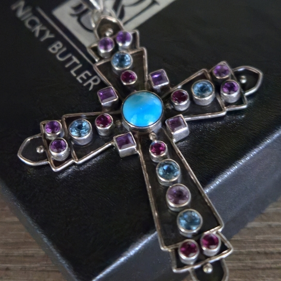 Nicky Butler 925 Sterling Silver Cross Necklace Pendant Turquoise Topaz Vintage - Picture 4 of 16